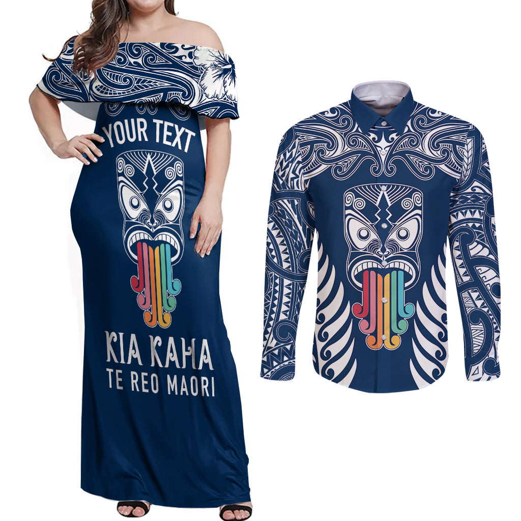 personalised-kia-kaha-te-reo-maori-couples-matching-off-shoulder-maxi-dress-and-long-sleeve-button-shirts-hei-tiki-mix-koru-navy-blue