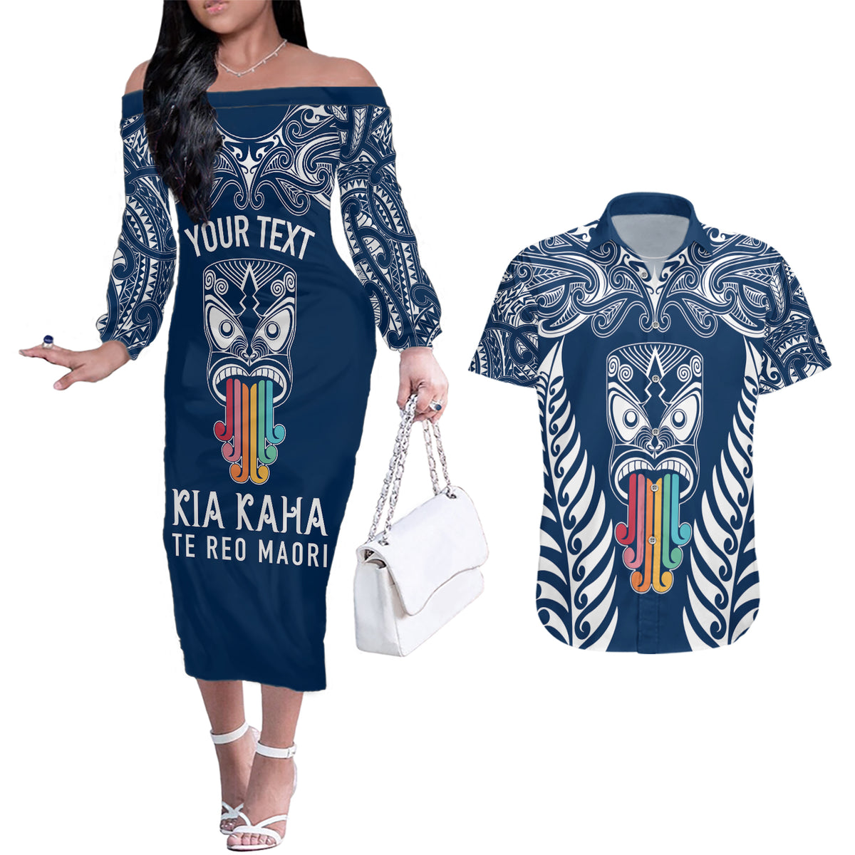 Personalised Kia Kaha Te Reo Maori Couples Matching Off The Shoulder Long Sleeve Dress and Hawaiian Shirt Hei Tiki Mix Koru - Navy Blue LT7 Navy - Polynesian Pride