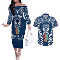 Personalised Kia Kaha Te Reo Maori Couples Matching Off The Shoulder Long Sleeve Dress and Hawaiian Shirt Hei Tiki Mix Koru - Navy Blue LT7 Navy - Polynesian Pride