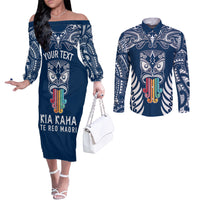 Personalised Kia Kaha Te Reo Maori Couples Matching Off The Shoulder Long Sleeve Dress and Long Sleeve Button Shirts Hei Tiki Mix Koru - Navy Blue LT7 Navy - Polynesian Pride