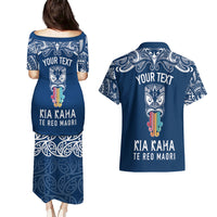 Personalised Kia Kaha Te Reo Maori Couples Matching Puletasi Dress and Hawaiian Shirt Hei Tiki Mix Koru - Navy Blue LT7 - Polynesian Pride