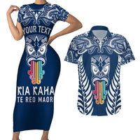 Personalised Kia Kaha Te Reo Maori Couples Matching Short Sleeve Bodycon Dress and Hawaiian Shirt Hei Tiki Mix Koru - Navy Blue LT7 Navy - Polynesian Pride