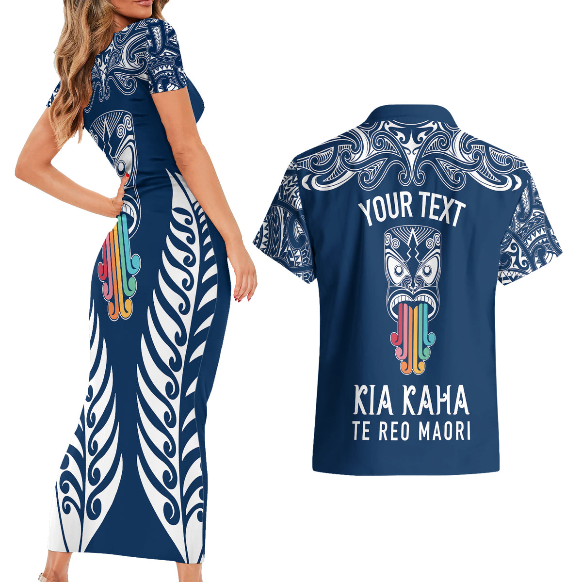 Personalised Kia Kaha Te Reo Maori Couples Matching Short Sleeve Bodycon Dress and Hawaiian Shirt Hei Tiki Mix Koru - Navy Blue LT7 - Polynesian Pride