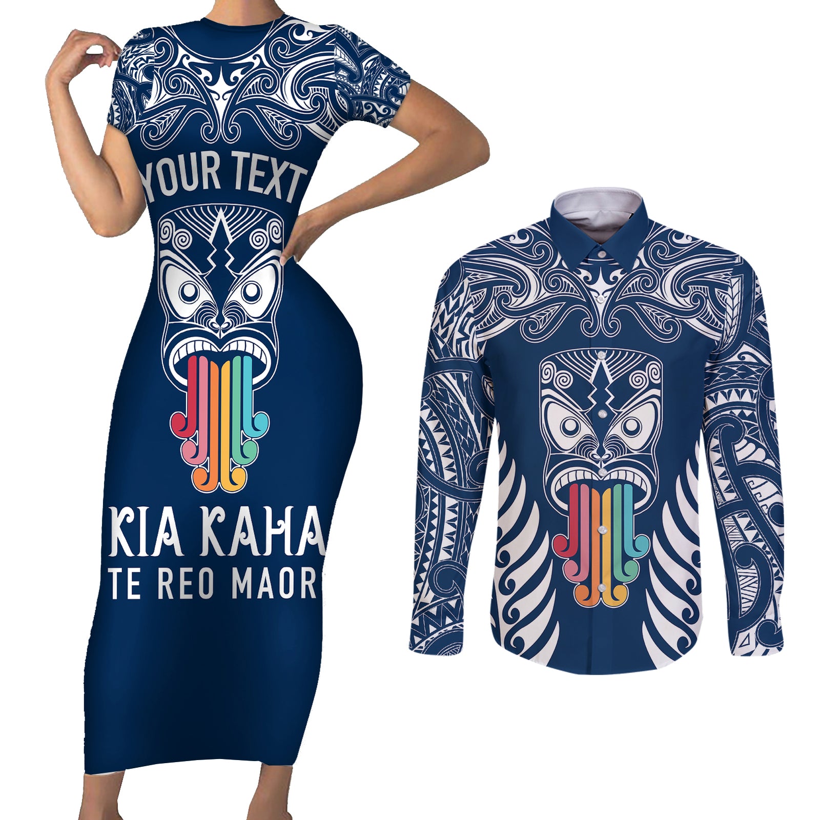 personalised-kia-kaha-te-reo-maori-couples-matching-short-sleeve-bodycon-dress-and-long-sleeve-button-shirts-hei-tiki-mix-koru-navy-blue