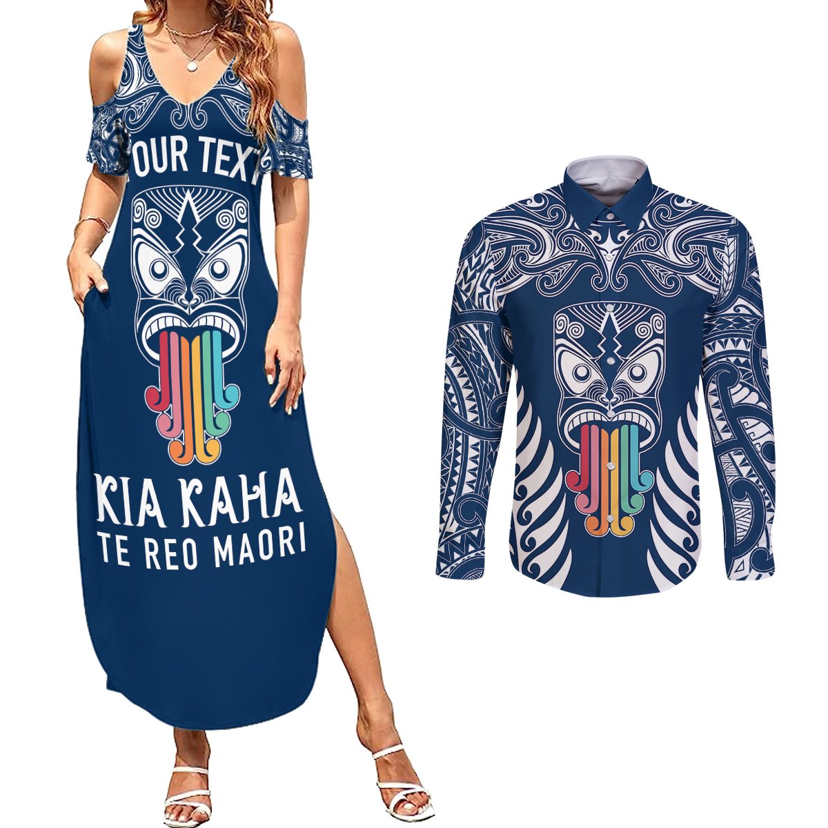 personalised-kia-kaha-te-reo-maori-couples-matching-summer-maxi-dress-and-long-sleeve-button-shirts-hei-tiki-mix-koru-navy-blue