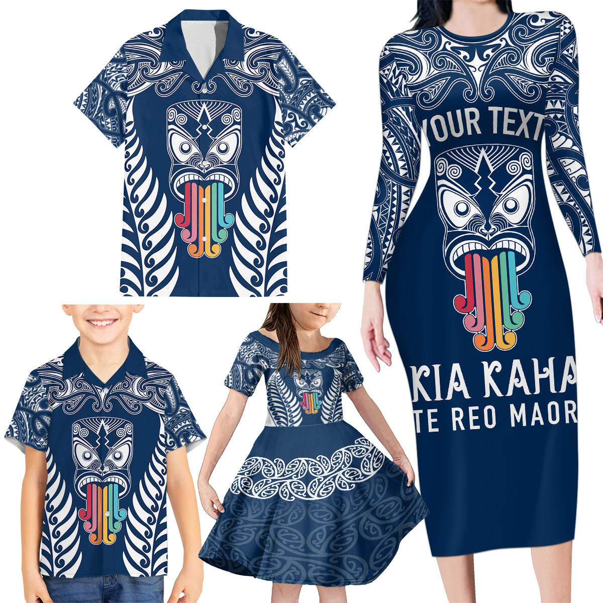 Personalised Kia Kaha Te Reo Maori Family Matching Long Sleeve Bodycon Dress and Hawaiian Shirt Hei Tiki Mix Koru - Navy Blue LT7 - Polynesian Pride