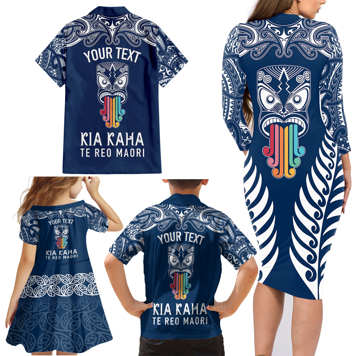 Personalised Kia Kaha Te Reo Maori Family Matching Long Sleeve Bodycon Dress and Hawaiian Shirt Hei Tiki Mix Koru - Navy Blue LT7 - Polynesian Pride
