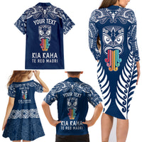 Personalised Kia Kaha Te Reo Maori Family Matching Long Sleeve Bodycon Dress and Hawaiian Shirt Hei Tiki Mix Koru - Navy Blue LT7 - Polynesian Pride