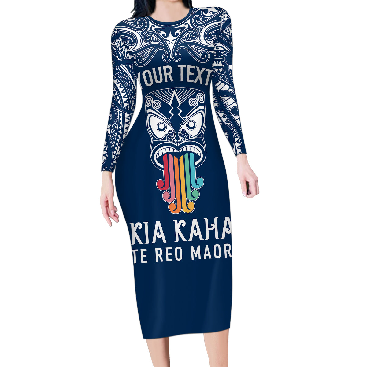 Personalised Kia Kaha Te Reo Maori Family Matching Long Sleeve Bodycon Dress and Hawaiian Shirt Hei Tiki Mix Koru - Navy Blue LT7 Mom's Dress Navy - Polynesian Pride