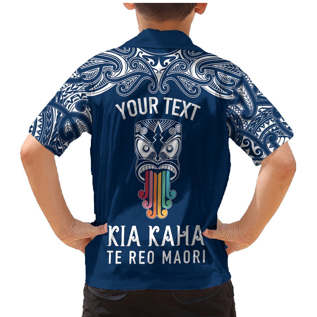 Personalised Kia Kaha Te Reo Maori Family Matching Mermaid Dress and Hawaiian Shirt Hei Tiki Mix Koru - Navy Blue LT7 - Polynesian Pride