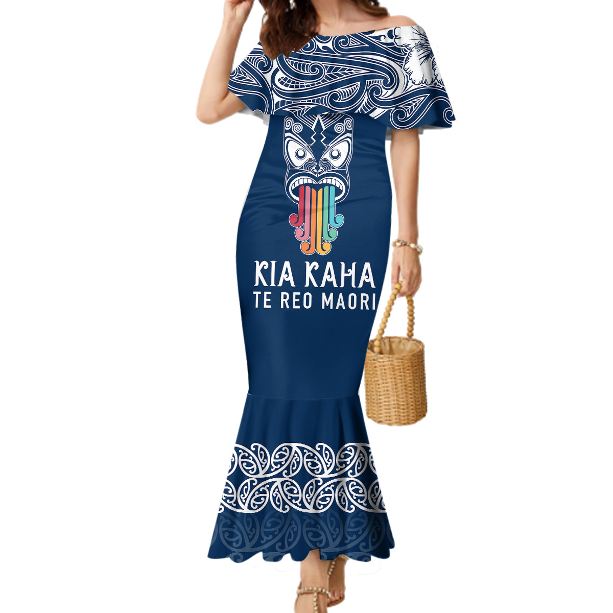 Personalised Kia Kaha Te Reo Maori Family Matching Mermaid Dress and Hawaiian Shirt Hei Tiki Mix Koru - Navy Blue LT7 Mom's Dress Navy - Polynesian Pride