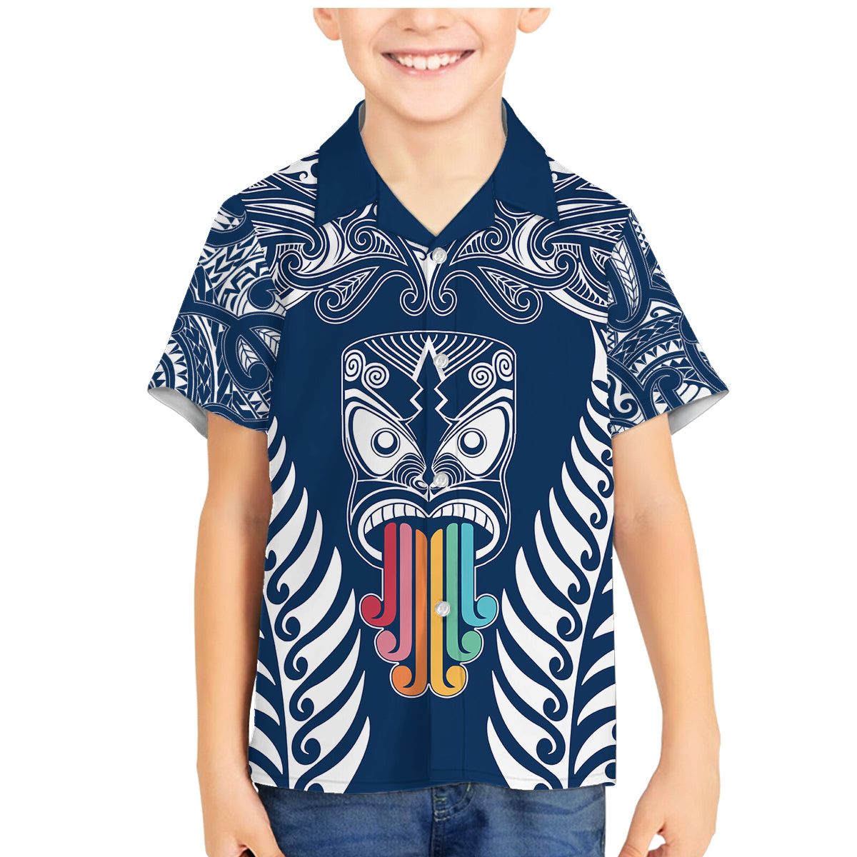 Personalised Kia Kaha Te Reo Maori Family Matching Mermaid Dress and Hawaiian Shirt Hei Tiki Mix Koru - Navy Blue LT7 Son's Shirt Navy - Polynesian Pride