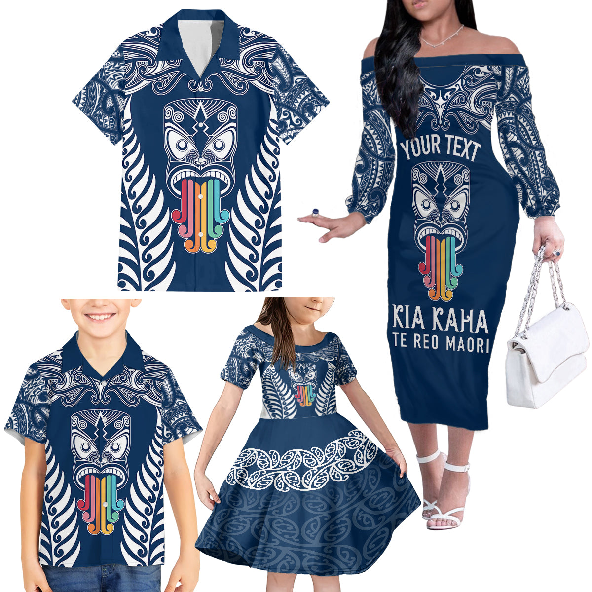 Personalised Kia Kaha Te Reo Maori Family Matching Off Shoulder Long Sleeve Dress and Hawaiian Shirt Hei Tiki Mix Koru - Navy Blue LT7 - Polynesian Pride