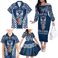 Personalised Kia Kaha Te Reo Maori Family Matching Off Shoulder Long Sleeve Dress and Hawaiian Shirt Hei Tiki Mix Koru - Navy Blue LT7 - Polynesian Pride