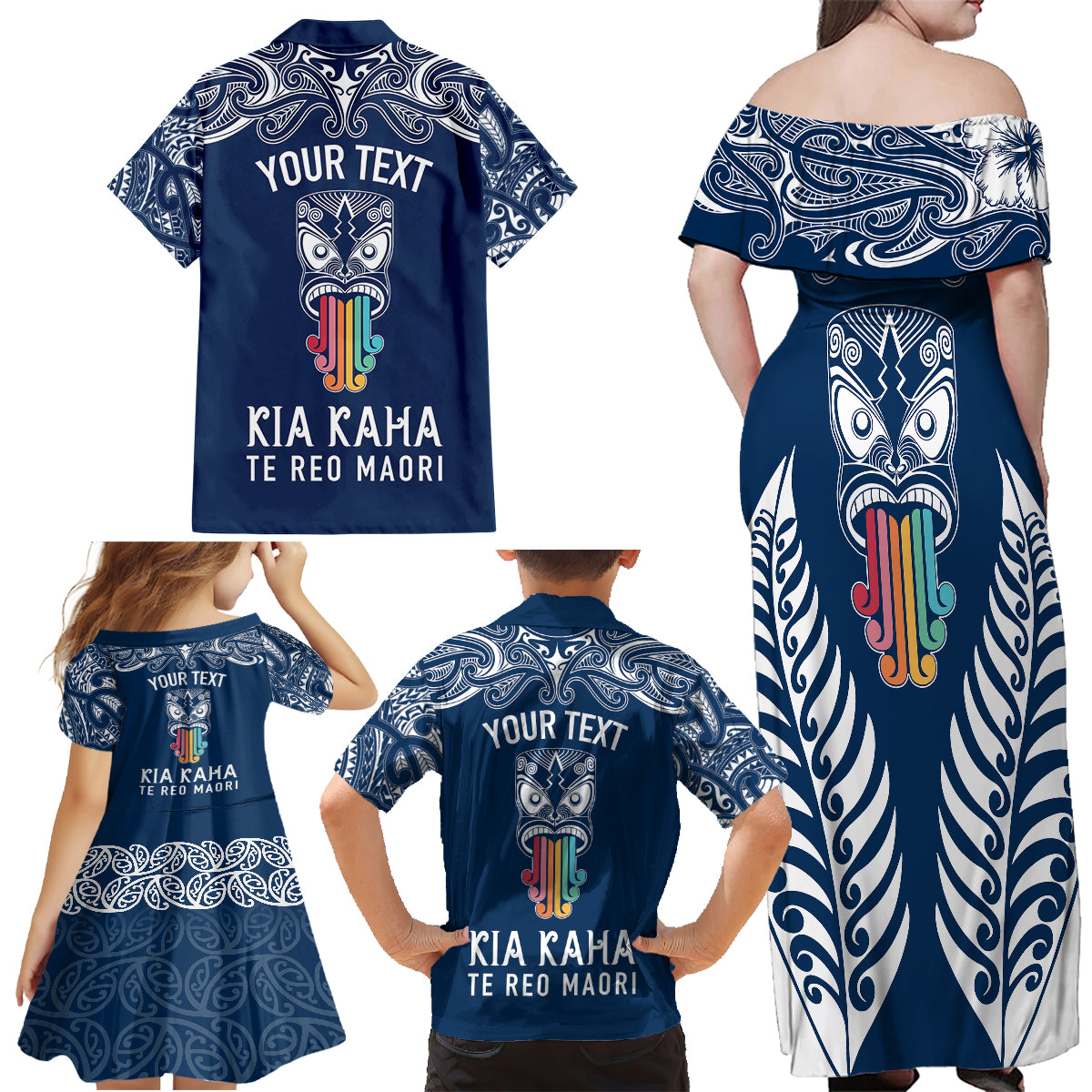 Personalised Kia Kaha Te Reo Maori Family Matching Off Shoulder Long Sleeve Dress and Hawaiian Shirt Hei Tiki Mix Koru - Navy Blue LT7 - Polynesian Pride