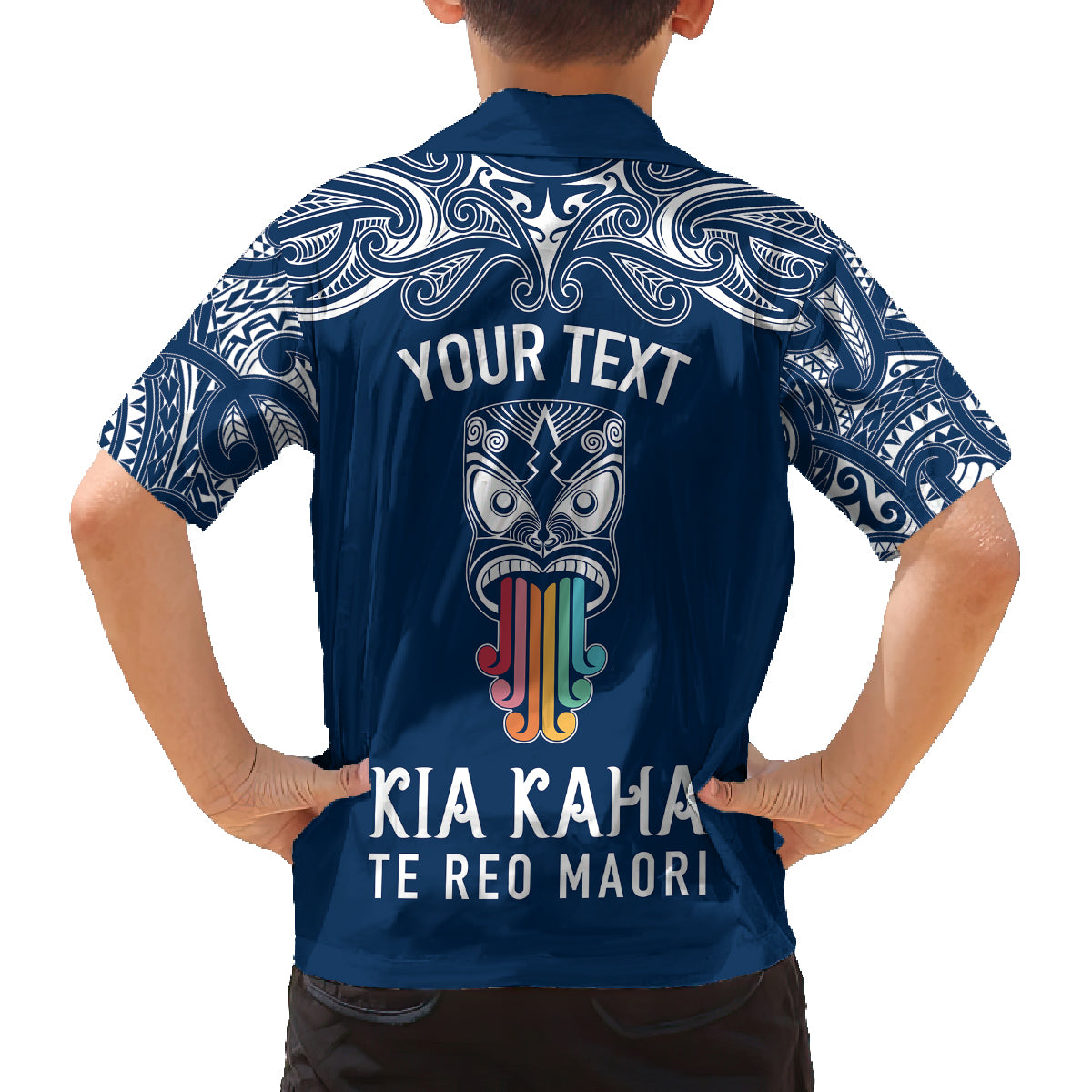 Personalised Kia Kaha Te Reo Maori Family Matching Off Shoulder Maxi Dress and Hawaiian Shirt Hei Tiki Mix Koru - Navy Blue LT7 - Polynesian Pride