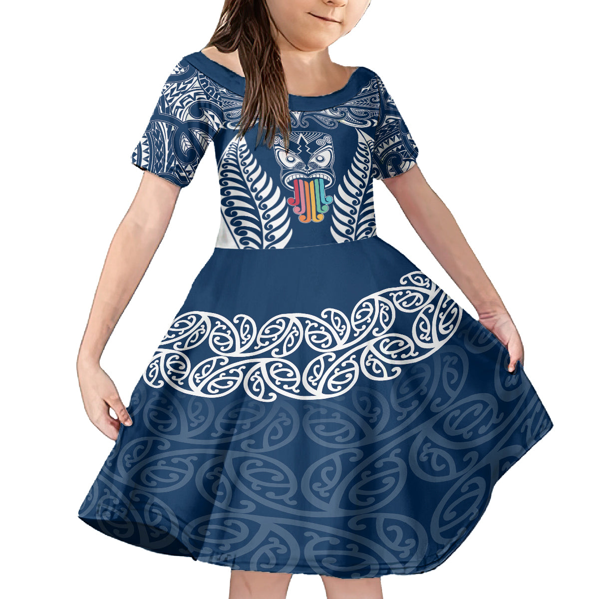 Personalised Kia Kaha Te Reo Maori Family Matching Off Shoulder Maxi Dress and Hawaiian Shirt Hei Tiki Mix Koru - Navy Blue LT7 Daughter's Dress Navy - Polynesian Pride
