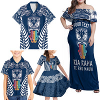 Personalised Kia Kaha Te Reo Maori Family Matching Off Shoulder Maxi Dress and Hawaiian Shirt Hei Tiki Mix Koru - Navy Blue LT7 - Polynesian Pride