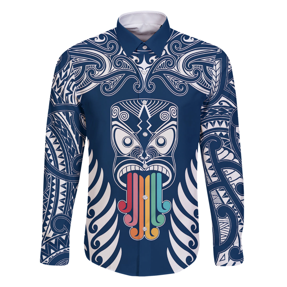 Personalised Kia Kaha Te Reo Maori Family Matching Off Shoulder Maxi Dress and Hawaiian Shirt Hei Tiki Mix Koru - Navy Blue LT7 Dad's Shirt - Short Sleeve Navy - Polynesian Pride