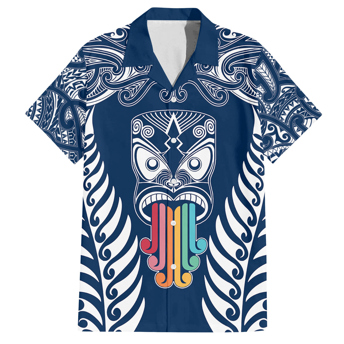 Personalised Kia Kaha Te Reo Maori Family Matching Off Shoulder Short Dress and Hawaiian Shirt Hei Tiki Mix Koru - Navy Blue LT7 Dad's Shirt - Short Sleeve Navy - Polynesian Pride