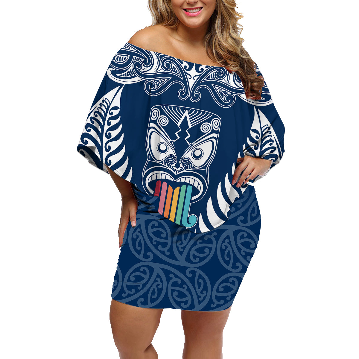 Personalised Kia Kaha Te Reo Maori Family Matching Off Shoulder Short Dress and Hawaiian Shirt Hei Tiki Mix Koru - Navy Blue LT7 Mom's Dress Navy - Polynesian Pride
