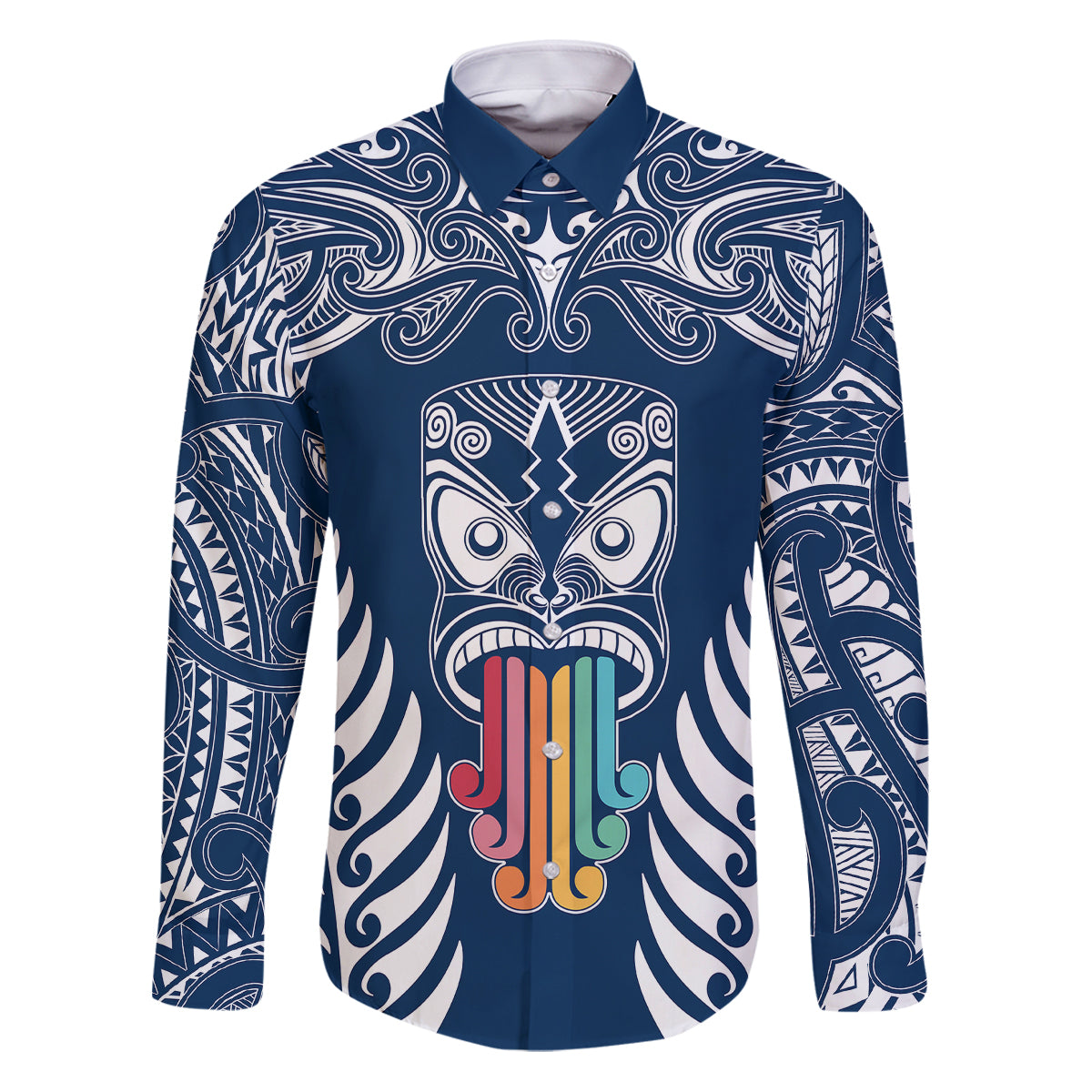 Personalised Kia Kaha Te Reo Maori Family Matching Puletasi Dress and Hawaiian Shirt Hei Tiki Mix Koru - Navy Blue LT7 Dad's Shirt - Long Sleeve Navy - Polynesian Pride
