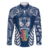 Personalised Kia Kaha Te Reo Maori Family Matching Puletasi Dress and Hawaiian Shirt Hei Tiki Mix Koru - Navy Blue LT7 Dad's Shirt - Long Sleeve Navy - Polynesian Pride