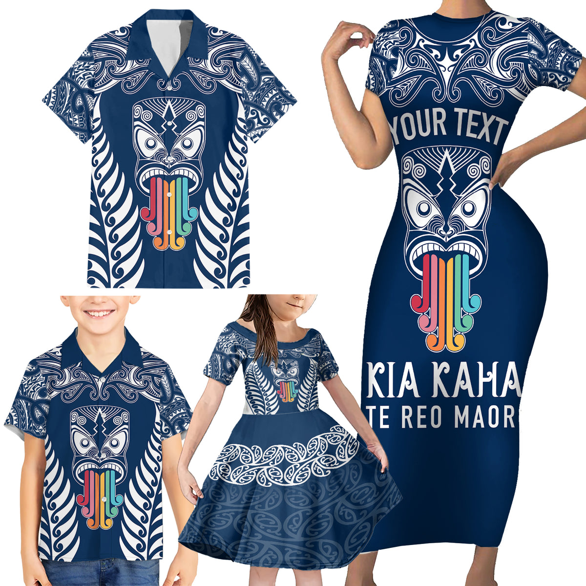 Personalised Kia Kaha Te Reo Maori Family Matching Short Sleeve Bodycon Dress and Hawaiian Shirt Hei Tiki Mix Koru - Navy Blue LT7 - Polynesian Pride