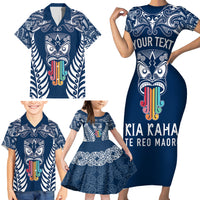 Personalised Kia Kaha Te Reo Maori Family Matching Short Sleeve Bodycon Dress and Hawaiian Shirt Hei Tiki Mix Koru - Navy Blue LT7 - Polynesian Pride