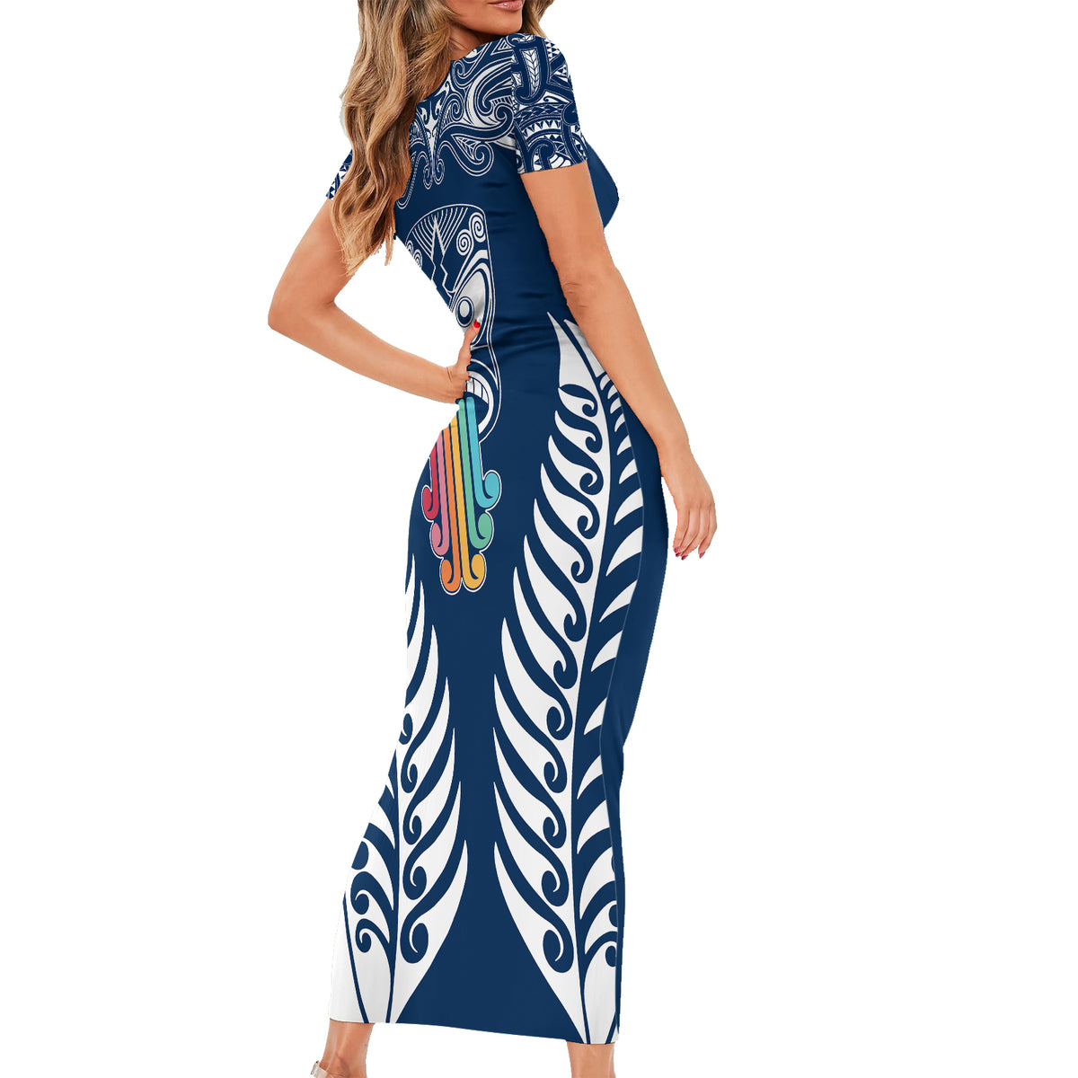 Personalised Kia Kaha Te Reo Maori Family Matching Short Sleeve Bodycon Dress and Hawaiian Shirt Hei Tiki Mix Koru - Navy Blue LT7 - Polynesian Pride