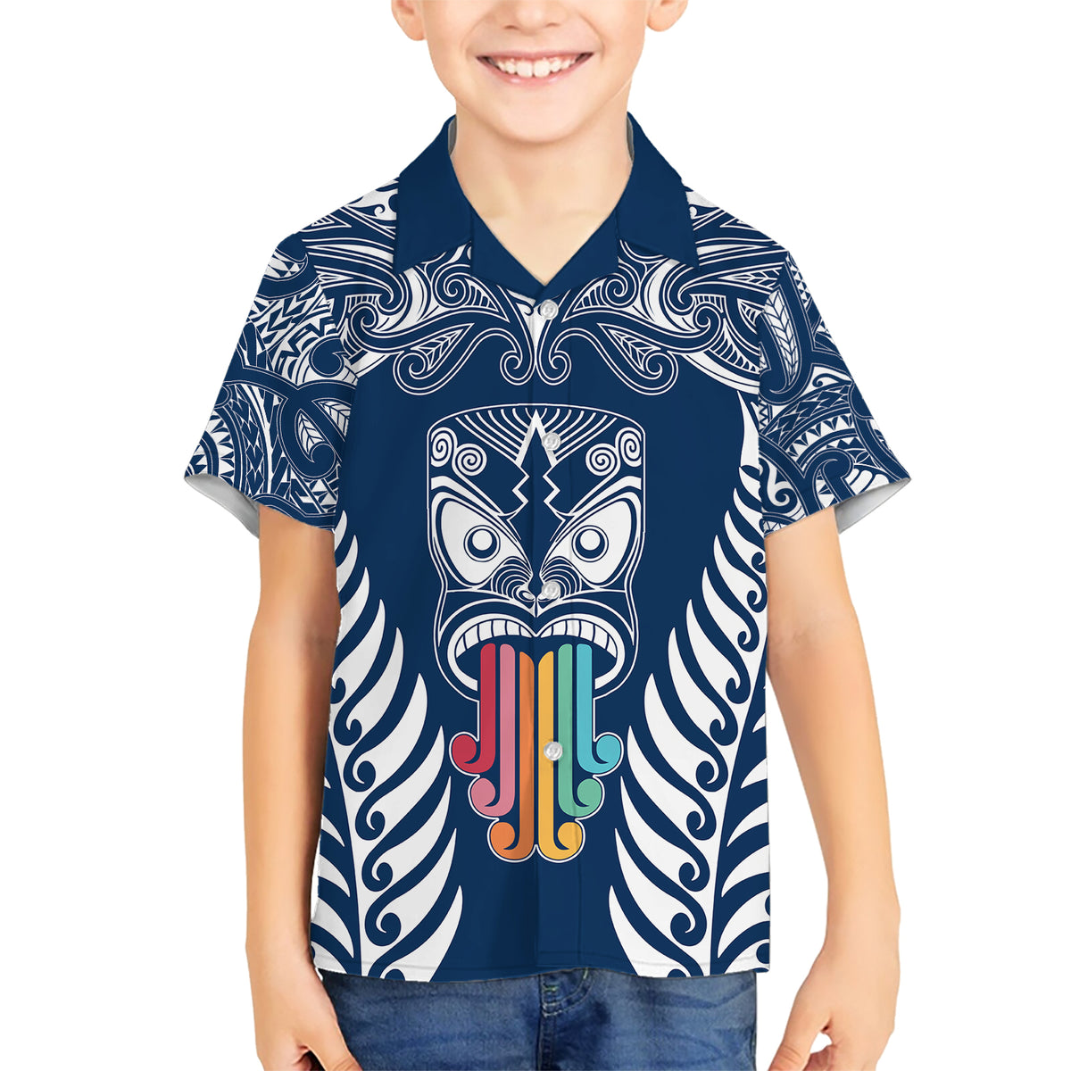 Personalised Kia Kaha Te Reo Maori Family Matching Short Sleeve Bodycon Dress and Hawaiian Shirt Hei Tiki Mix Koru - Navy Blue LT7 Son's Shirt Navy - Polynesian Pride