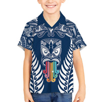Personalised Kia Kaha Te Reo Maori Family Matching Short Sleeve Bodycon Dress and Hawaiian Shirt Hei Tiki Mix Koru - Navy Blue LT7 Son's Shirt Navy - Polynesian Pride
