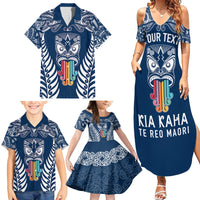 Personalised Kia Kaha Te Reo Maori Family Matching Summer Maxi Dress and Hawaiian Shirt Hei Tiki Mix Koru - Navy Blue LT7 - Polynesian Pride