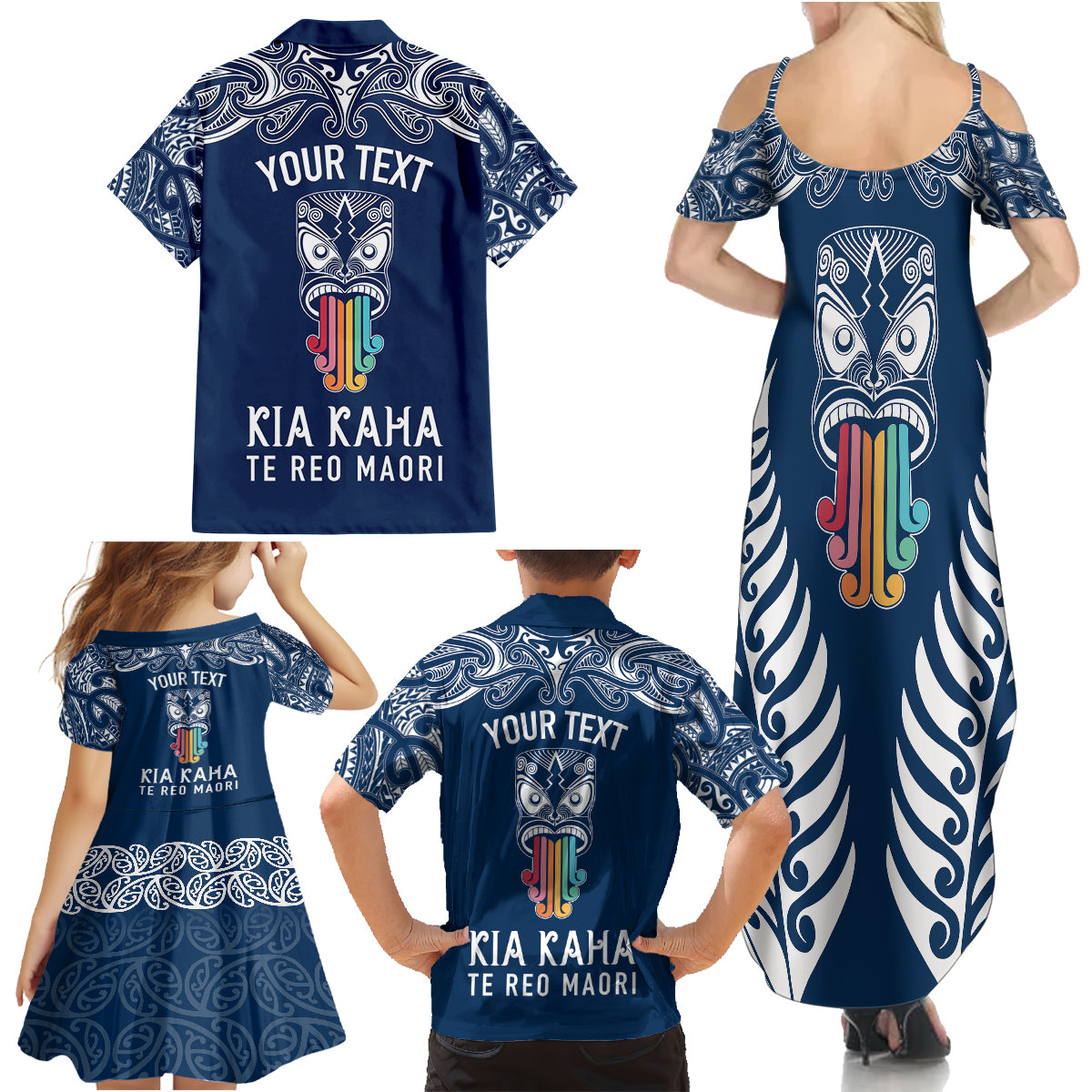 Personalised Kia Kaha Te Reo Maori Family Matching Summer Maxi Dress and Hawaiian Shirt Hei Tiki Mix Koru - Navy Blue LT7 - Polynesian Pride