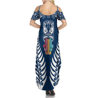 Personalised Kia Kaha Te Reo Maori Family Matching Summer Maxi Dress and Hawaiian Shirt Hei Tiki Mix Koru - Navy Blue LT7 - Polynesian Pride