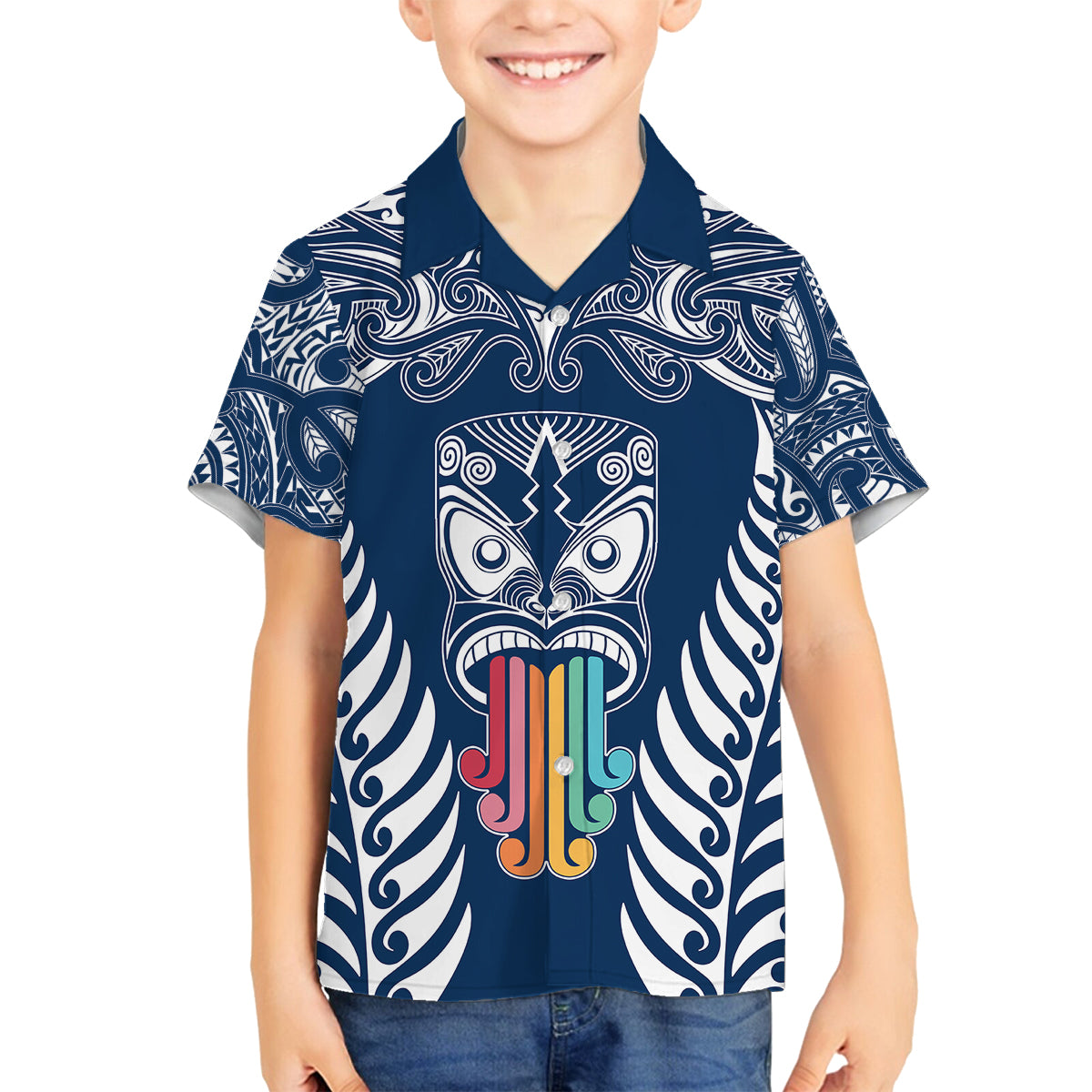 Personalised Kia Kaha Te Reo Maori Family Matching Summer Maxi Dress and Hawaiian Shirt Hei Tiki Mix Koru - Navy Blue LT7 Son's Shirt Navy - Polynesian Pride