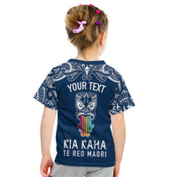 Personalised Kia Kaha Te Reo Maori Kid T Shirt Hei Tiki Mix Koru - Navy Blue LT7 - Polynesian Pride