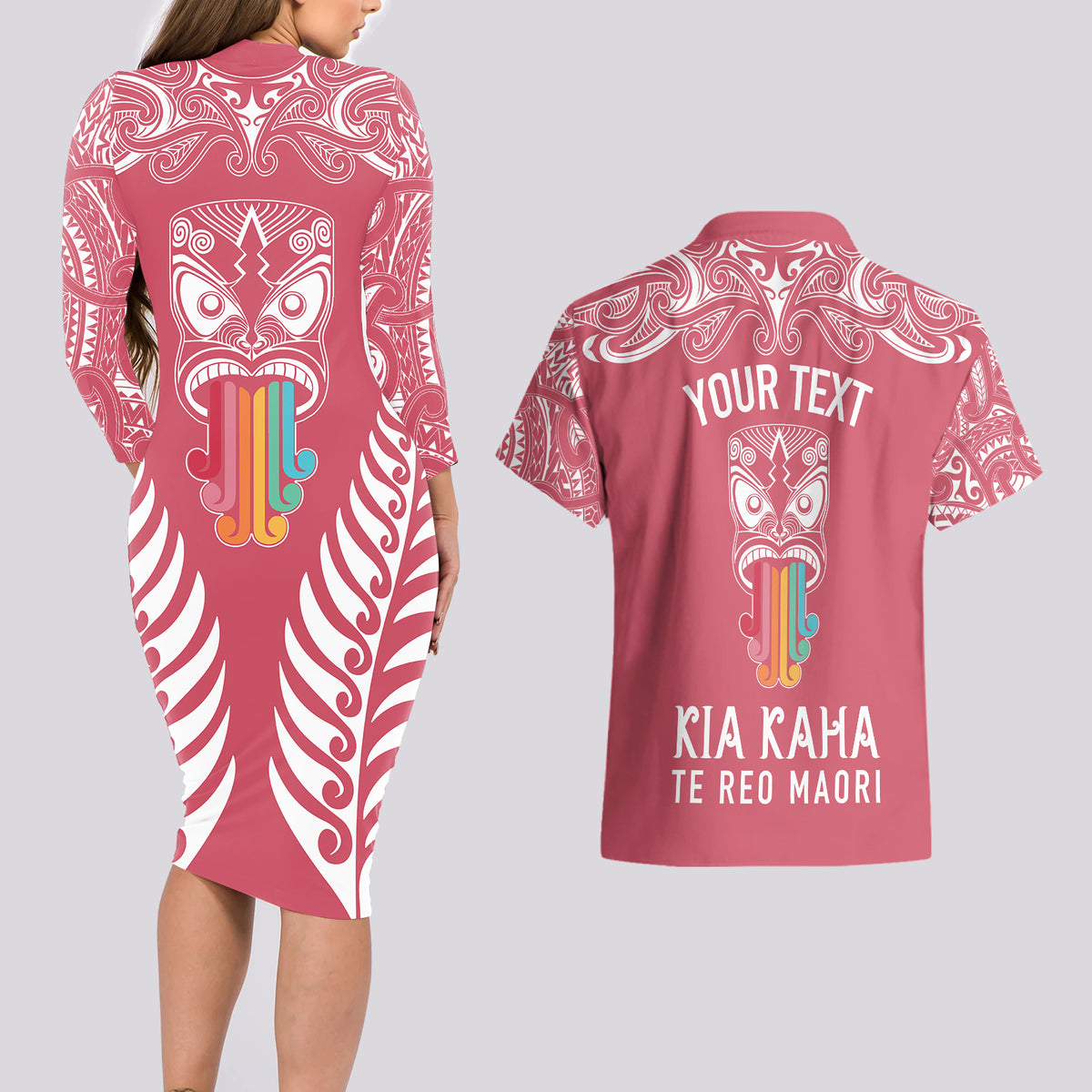 Personalised Kia Kaha Te Reo Maori Couples Matching Long Sleeve Bodycon Dress and Hawaiian Shirt Hei Tiki Mix Koru - Pink LT7 - Polynesian Pride