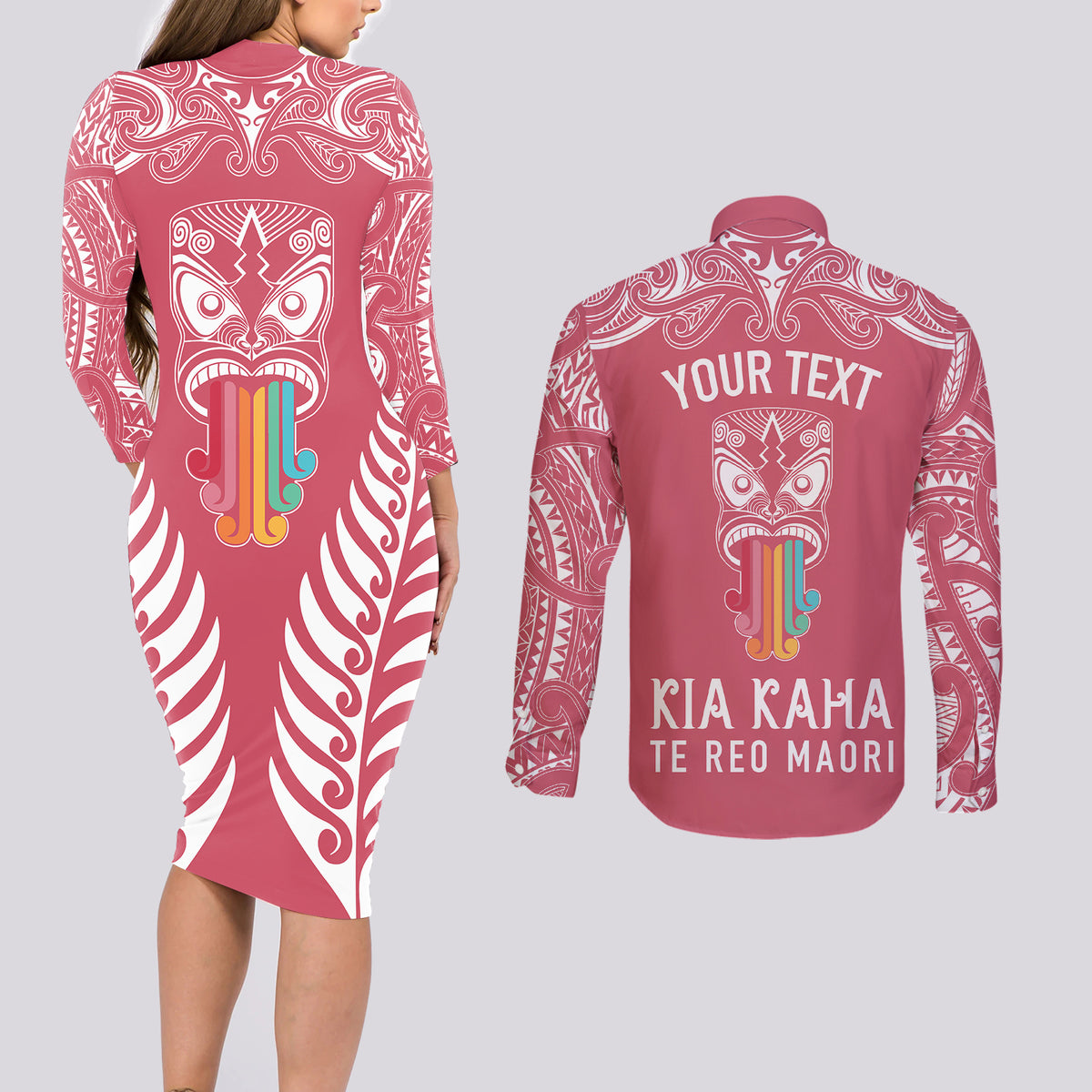 Personalised Kia Kaha Te Reo Maori Couples Matching Long Sleeve Bodycon Dress and Long Sleeve Button Shirts Hei Tiki Mix Koru - Pink LT7 - Polynesian Pride