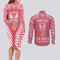 Personalised Kia Kaha Te Reo Maori Couples Matching Long Sleeve Bodycon Dress and Long Sleeve Button Shirts Hei Tiki Mix Koru - Pink LT7 - Polynesian Pride