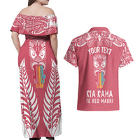 Personalised Kia Kaha Te Reo Maori Couples Matching Off Shoulder Maxi Dress and Hawaiian Shirt Hei Tiki Mix Koru - Pink LT7 - Polynesian Pride