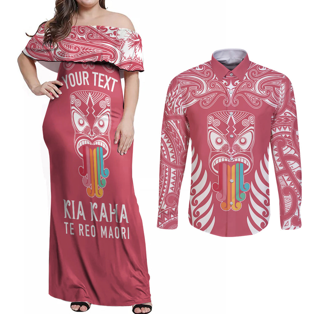 personalised-kia-kaha-te-reo-maori-couples-matching-off-shoulder-maxi-dress-and-long-sleeve-button-shirts-hei-tiki-mix-koru-pink