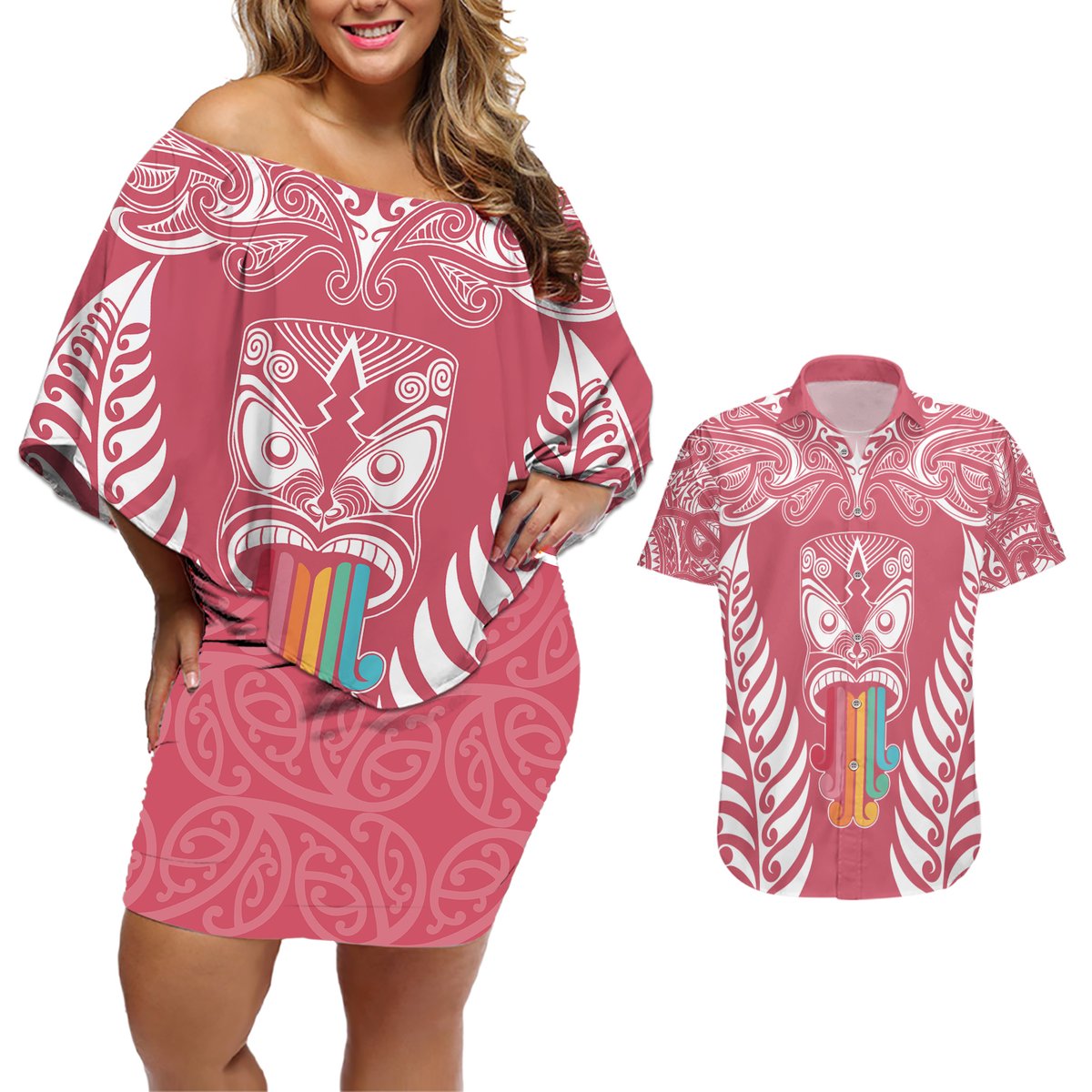 Personalised Kia Kaha Te Reo Maori Couples Matching Off Shoulder Short Dress and Hawaiian Shirt Hei Tiki Mix Koru - Pink LT7 Pink - Polynesian Pride