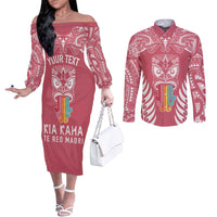 Personalised Kia Kaha Te Reo Maori Couples Matching Off The Shoulder Long Sleeve Dress and Long Sleeve Button Shirts Hei Tiki Mix Koru - Pink LT7 Pink - Polynesian Pride