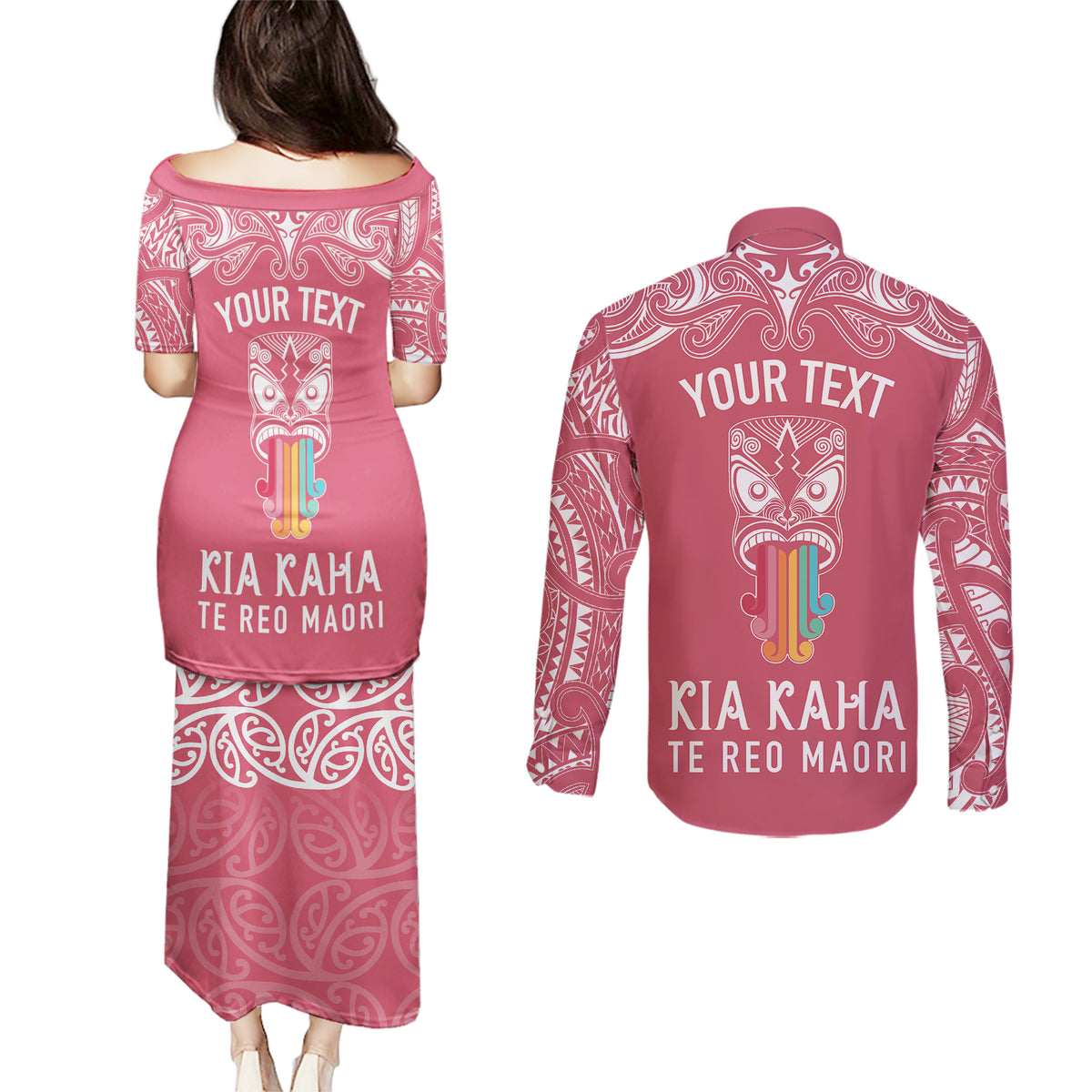 personalised-kia-kaha-te-reo-maori-couples-matching-puletasi-dress-and-long-sleeve-button-shirts-hei-tiki-mix-koru-pink
