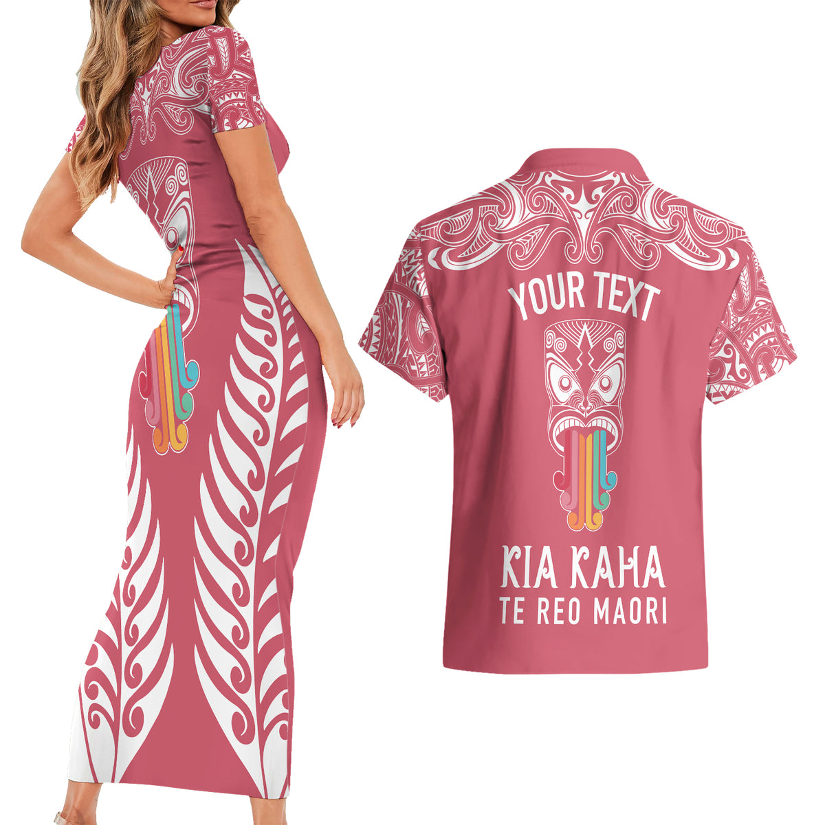 Personalised Kia Kaha Te Reo Maori Couples Matching Short Sleeve Bodycon Dress and Hawaiian Shirt Hei Tiki Mix Koru - Pink LT7 - Polynesian Pride