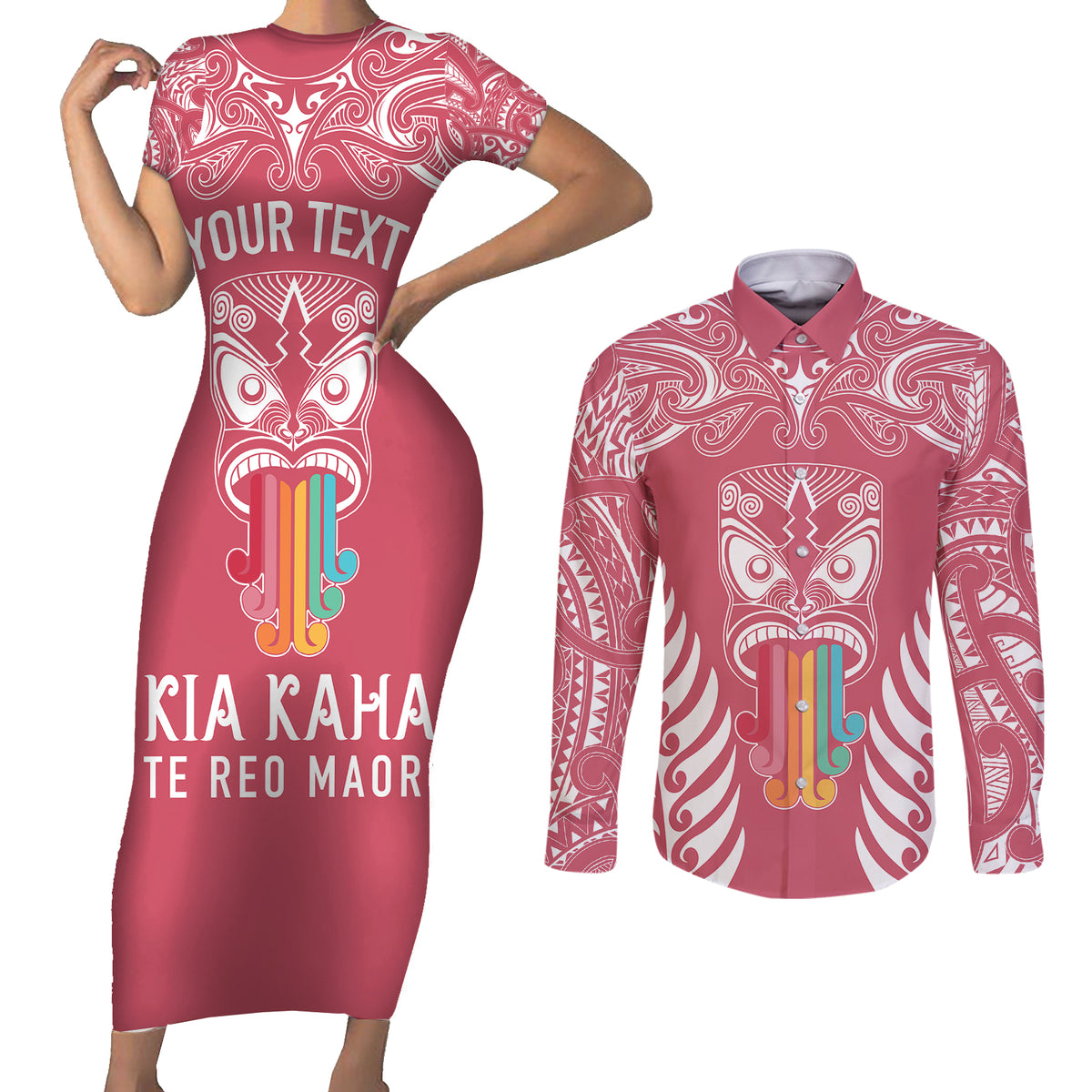 Personalised Kia Kaha Te Reo Maori Couples Matching Short Sleeve Bodycon Dress and Long Sleeve Button Shirts Hei Tiki Mix Koru - Pink LT7 Pink - Polynesian Pride
