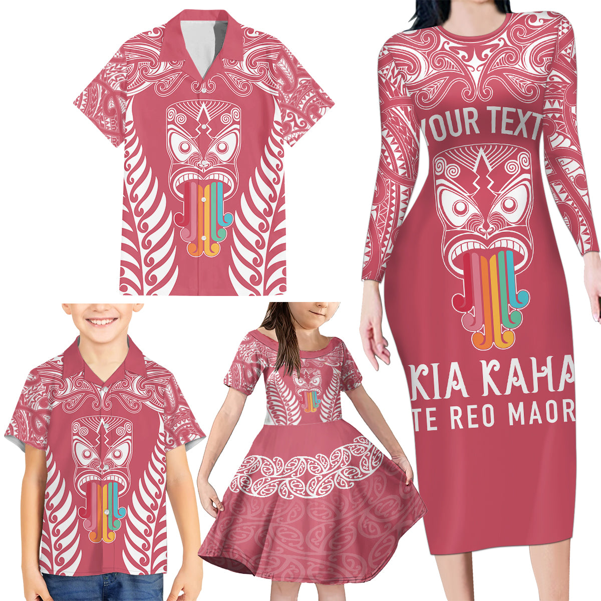 Personalised Kia Kaha Te Reo Maori Family Matching Long Sleeve Bodycon Dress and Hawaiian Shirt Hei Tiki Mix Koru - Pink LT7 - Polynesian Pride