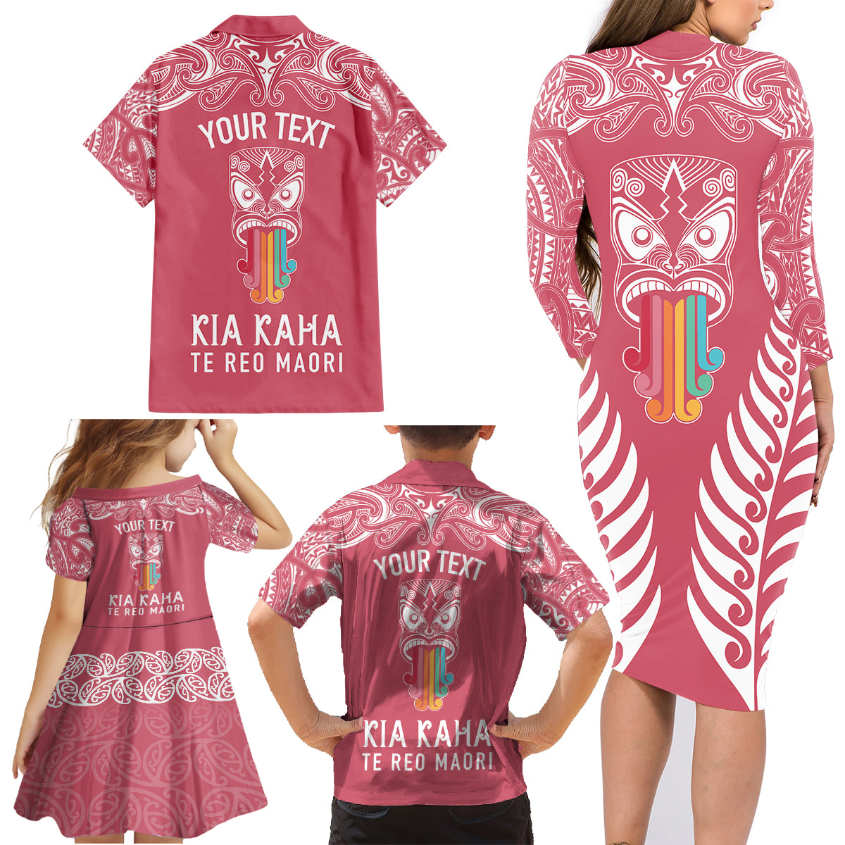 Personalised Kia Kaha Te Reo Maori Family Matching Long Sleeve Bodycon Dress and Hawaiian Shirt Hei Tiki Mix Koru - Pink LT7 - Polynesian Pride