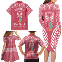 Personalised Kia Kaha Te Reo Maori Family Matching Long Sleeve Bodycon Dress and Hawaiian Shirt Hei Tiki Mix Koru - Pink LT7 - Polynesian Pride